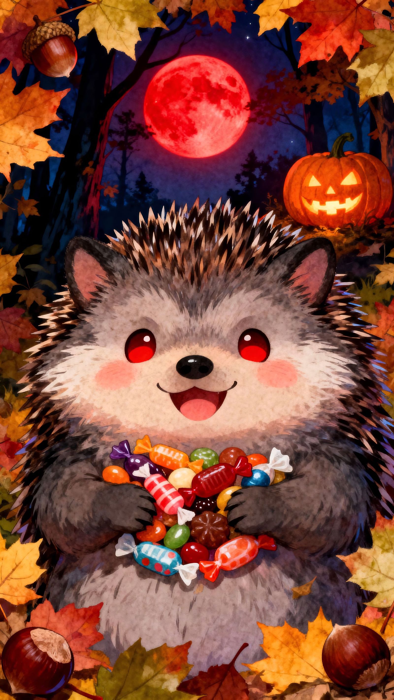 Werehog Hedgehog Hoarding Candy in Autumn Forest