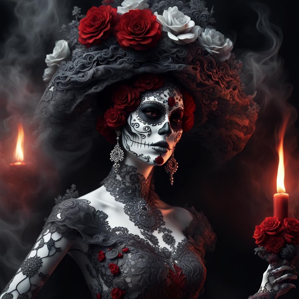 La Catrina Muerte Figurine with Red Chantilly Lace