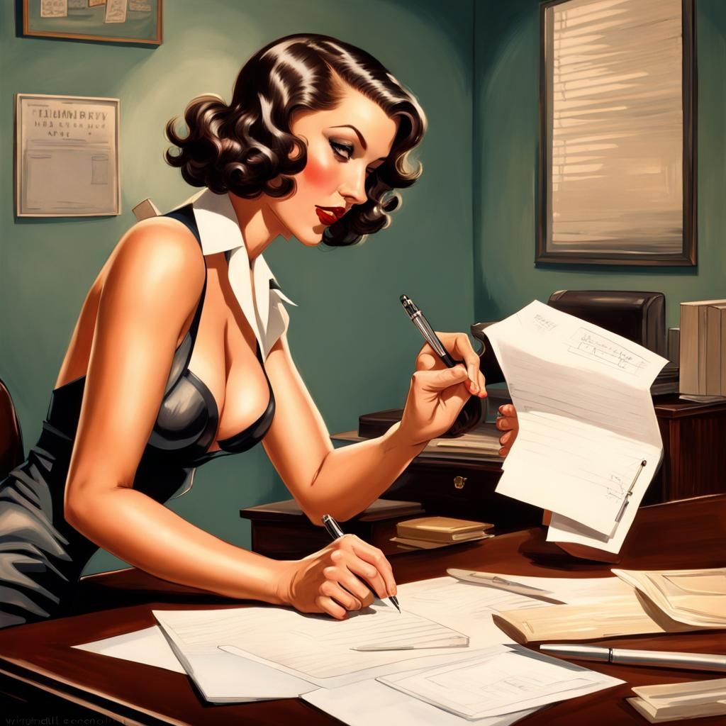 Vintage Pin-Up Secretary in Hyperrealistic Style