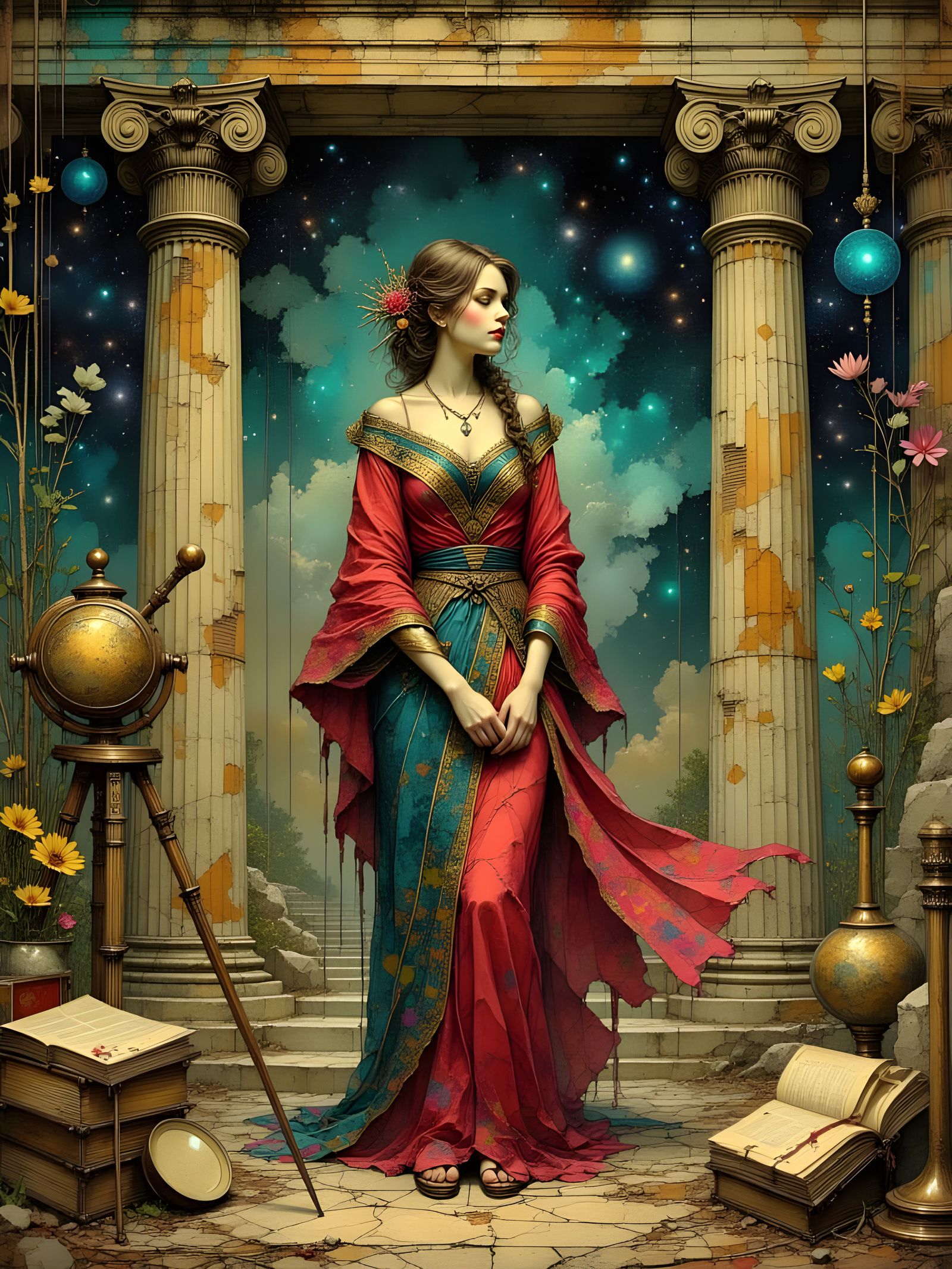 Pre-Raphaelite Sorceress Conjuring a Galaxy Vortex