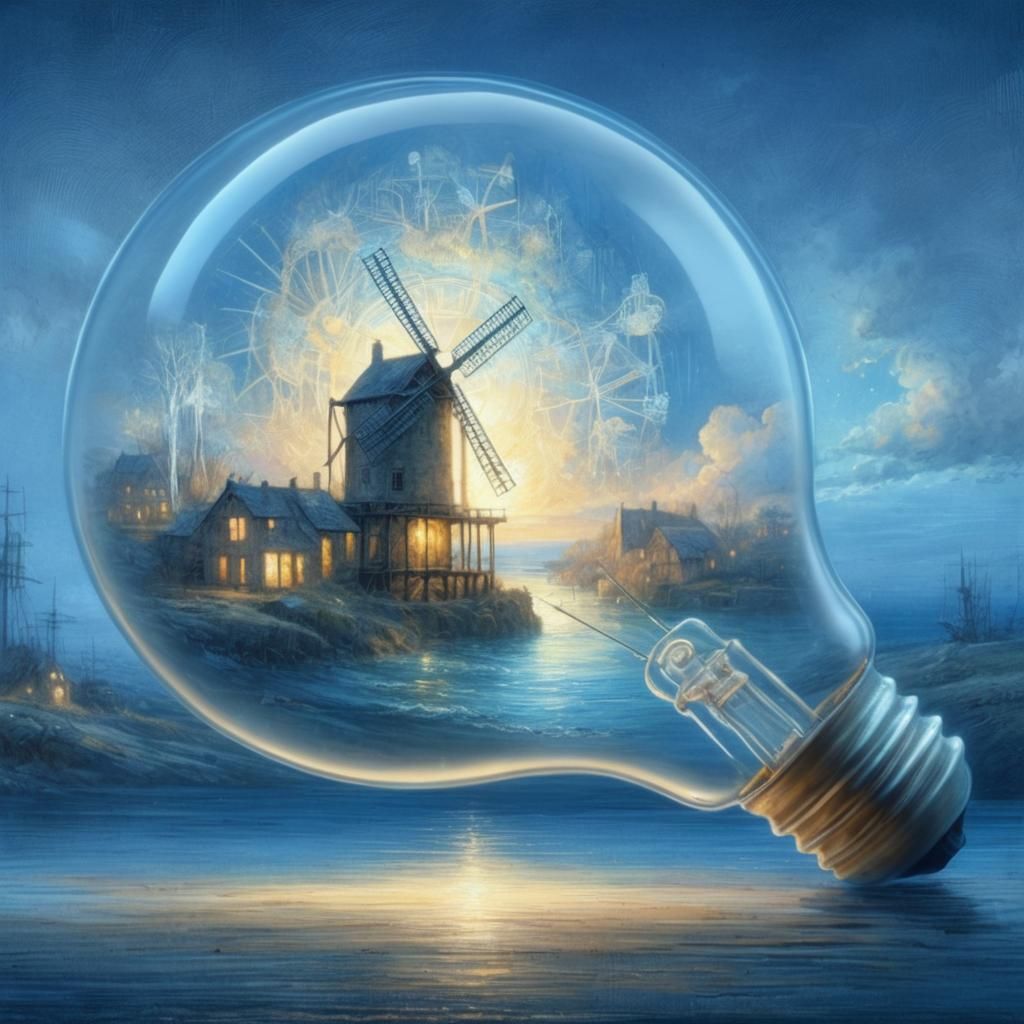 Watermill in Lightbulb: Detailed Digital Art