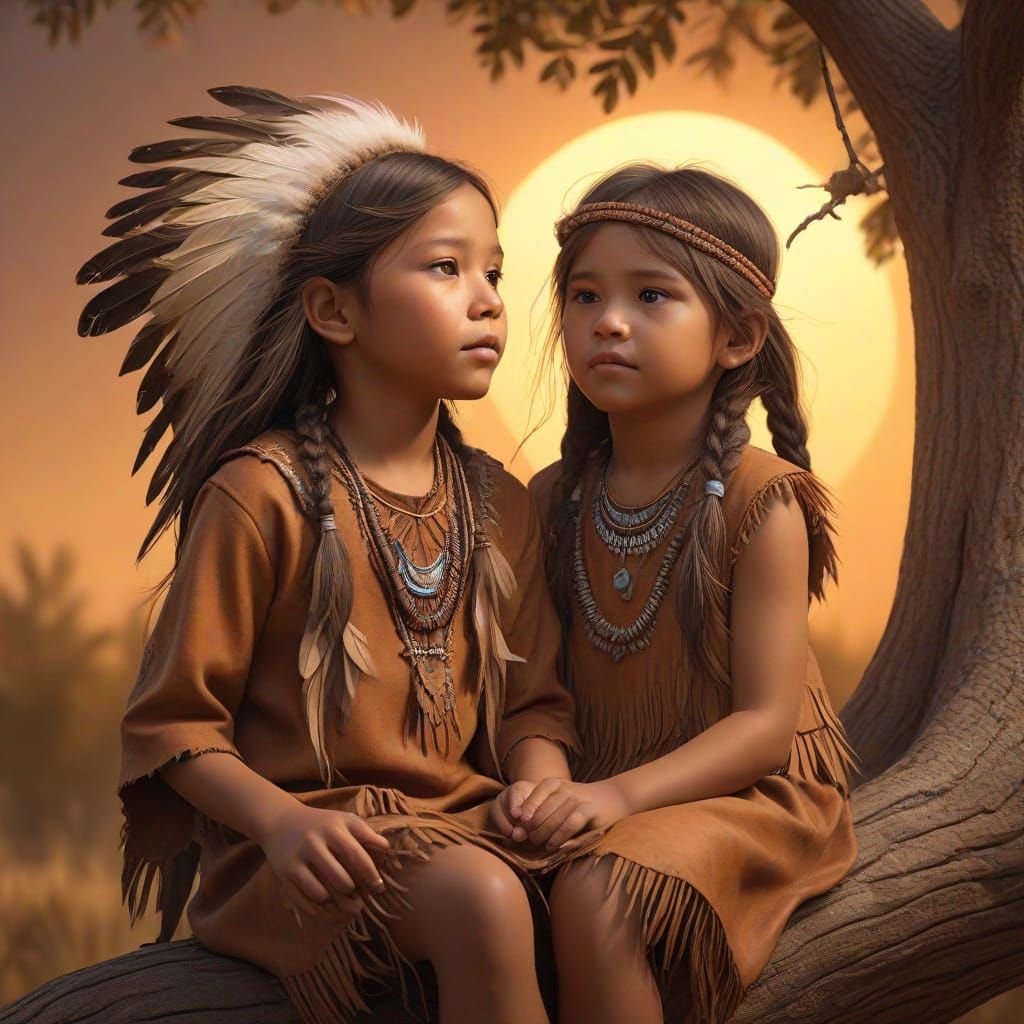 Hyperrealistic Native American Children in Sunset Tree