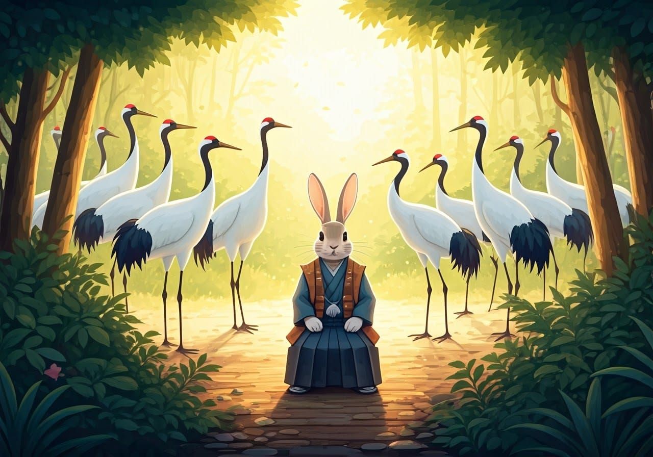 Rabbit and Cranes in Japanese Watercolor Glade