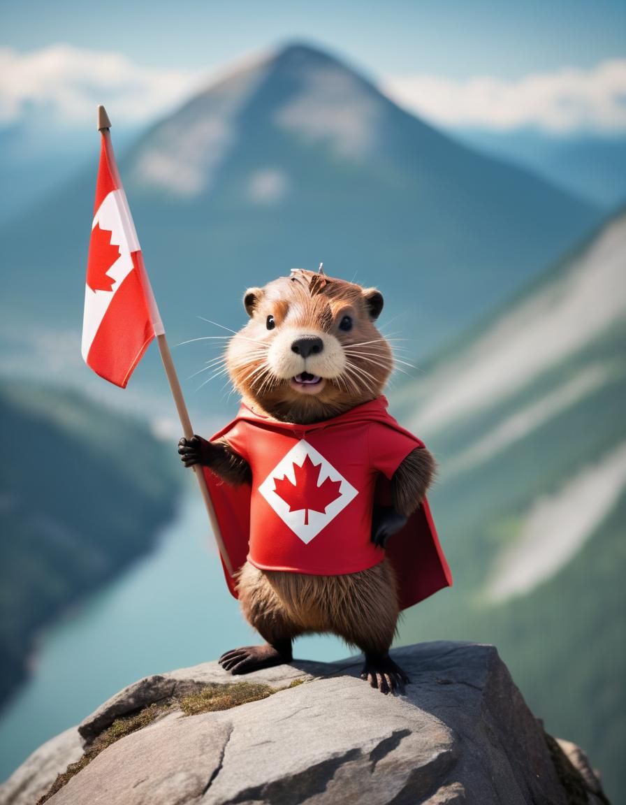 Canadian Superhero Beaver on Mountain Top