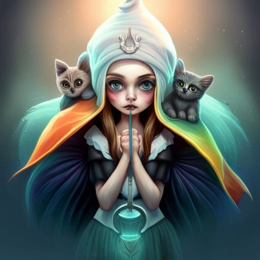 Cute Skeleton Creature with Kitten, Digital Art