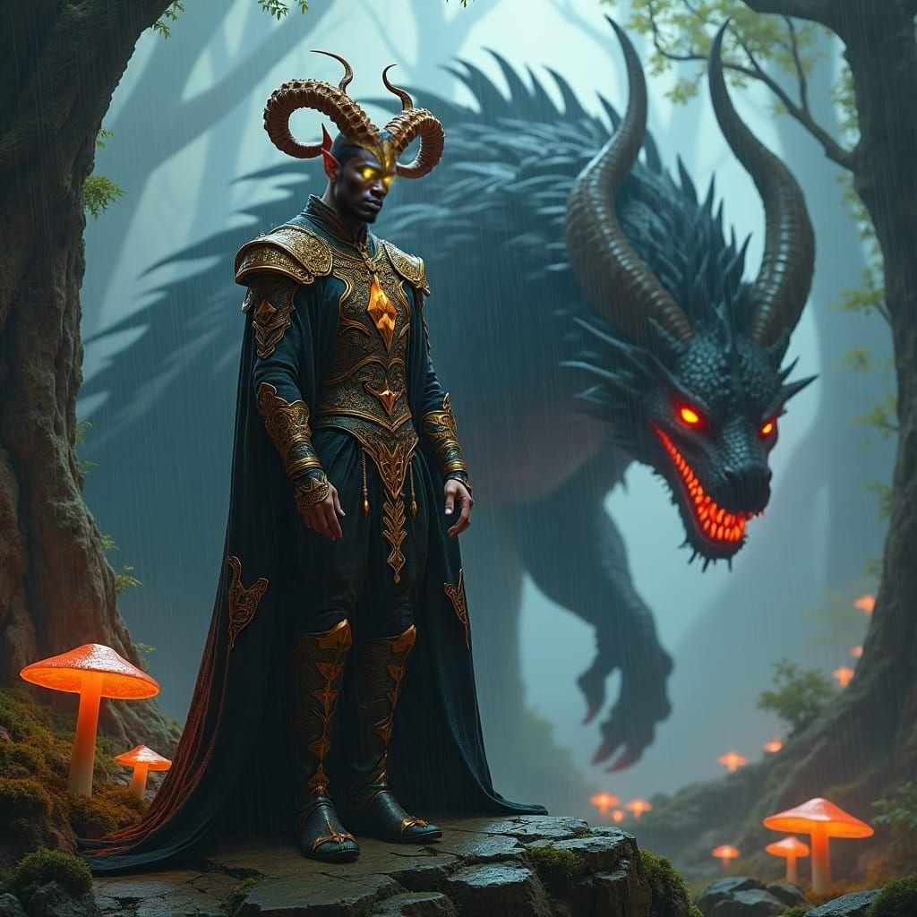 Fantasy Man with Dragon in Enchanted Forest