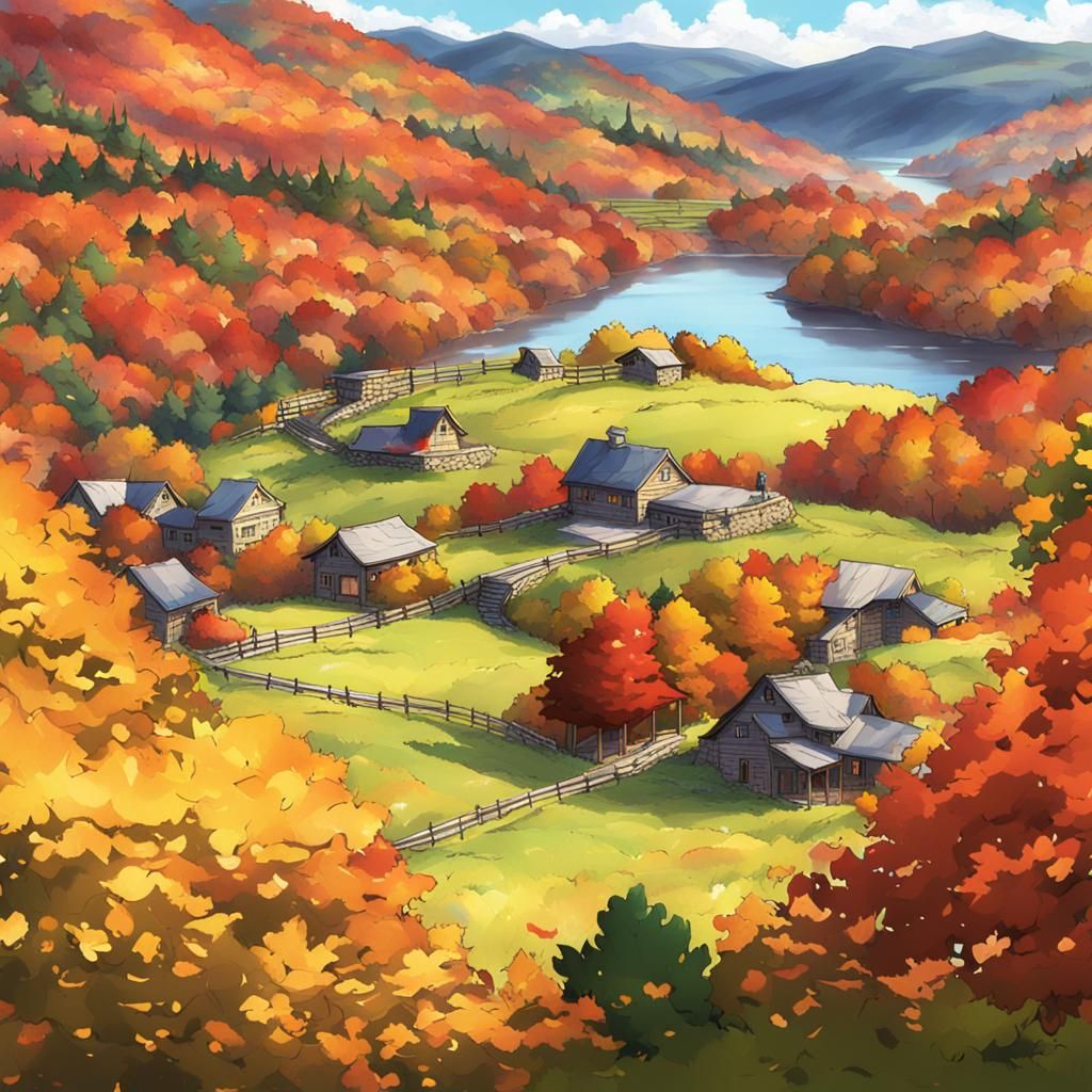 Vermont Fall Foliage Hills in Anime Style