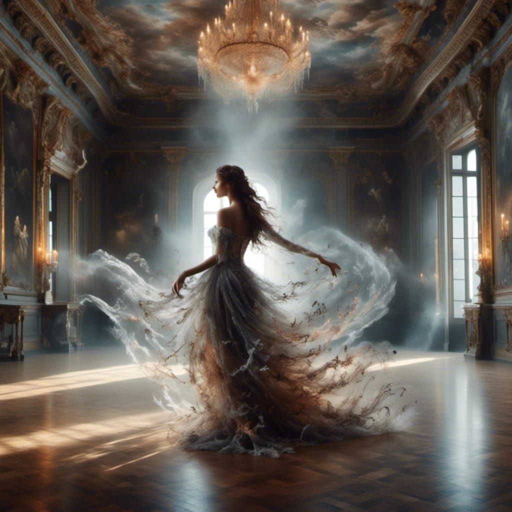 Ethereal Ghost Dancing in Baroque Ballroom