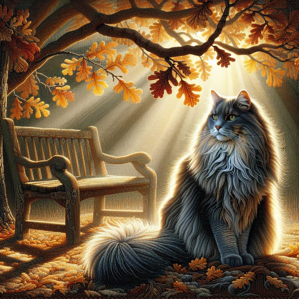 Majestic Grey Cat on Bench Under Autumn Oak Tree