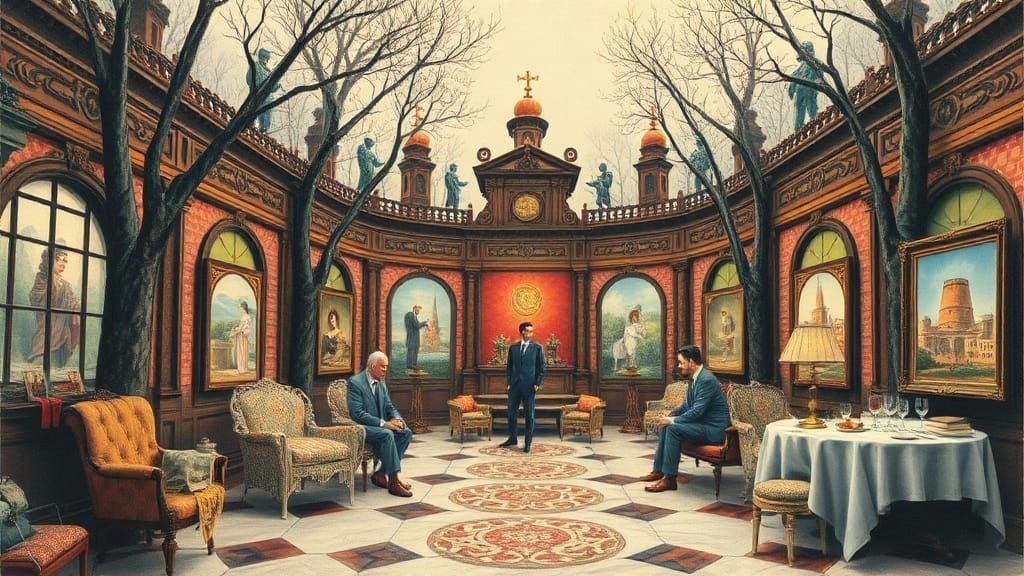 Surreal Fantasy Watercolor Scene in MC Escher Style