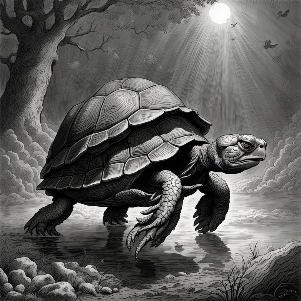 Electrocuted Turtle in Dark Gothic Horror Style