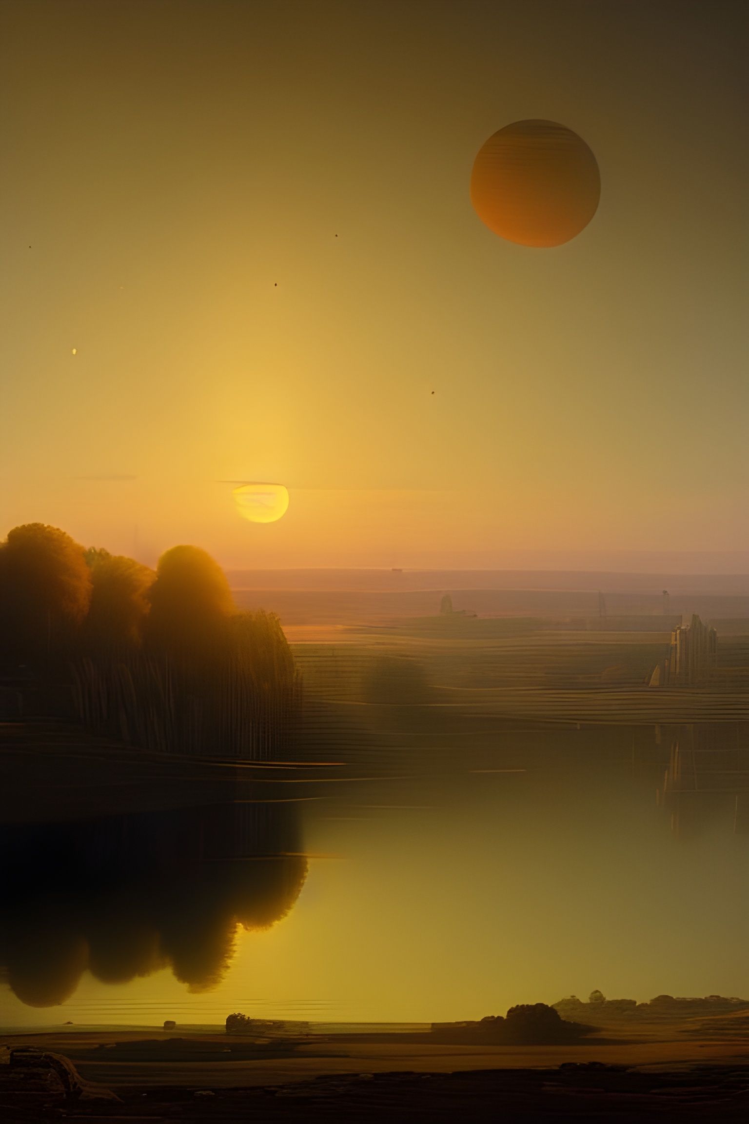 Sunrise over a lake made of liquid Methan on the moon Titan of the planet Saturn  spacepunk 8k resolution concept art tr...