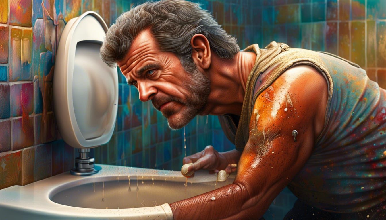 Hyperrealistic Mel Gibson Cleans Toilet: Splash Art