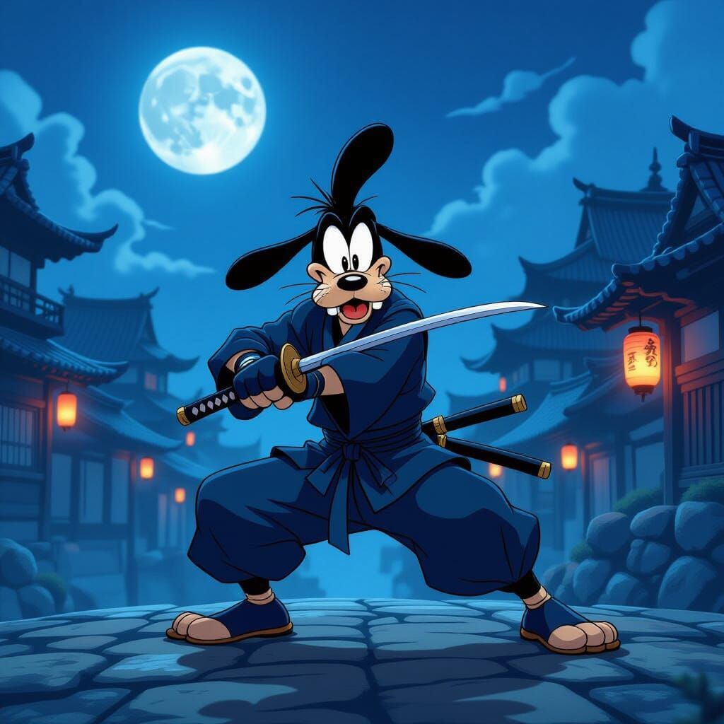 Goofy as a Ninja in a Moonlit Japanese Village