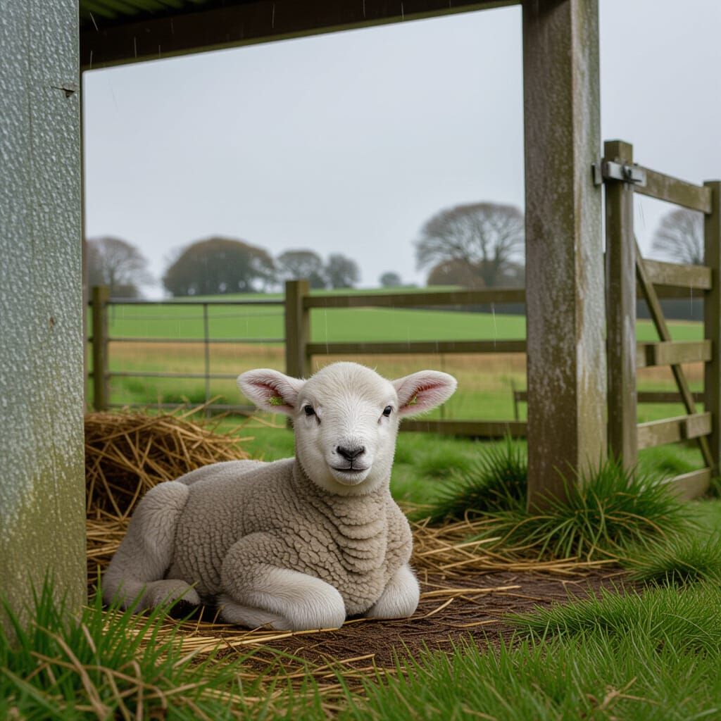Lamb Shelters from Stormy Farm Day