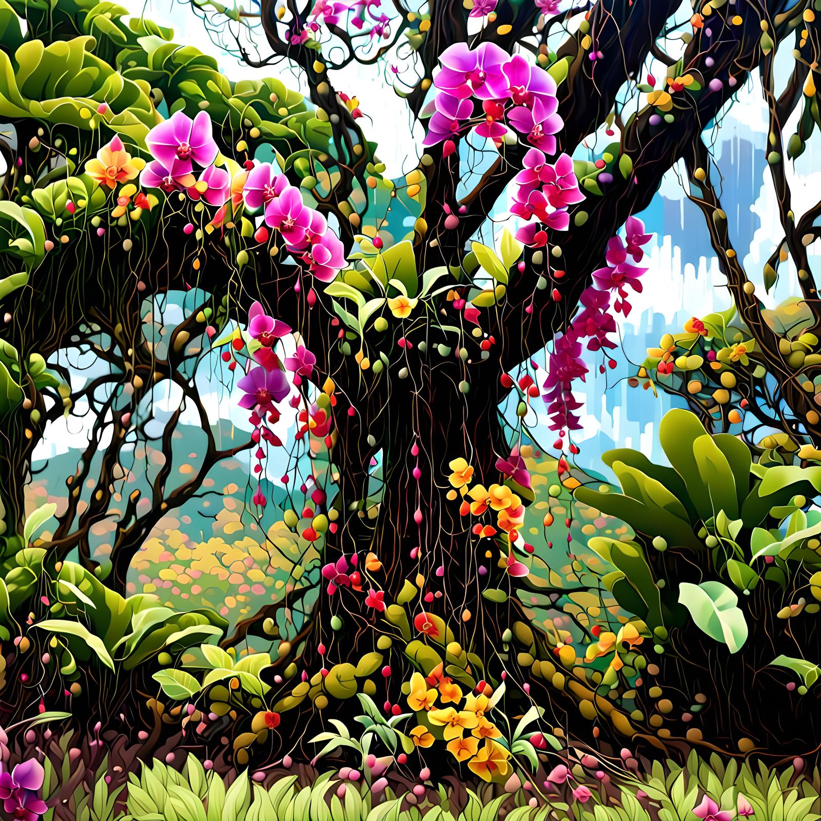 Orchid-Festooned Jungle Tree in Hawaii