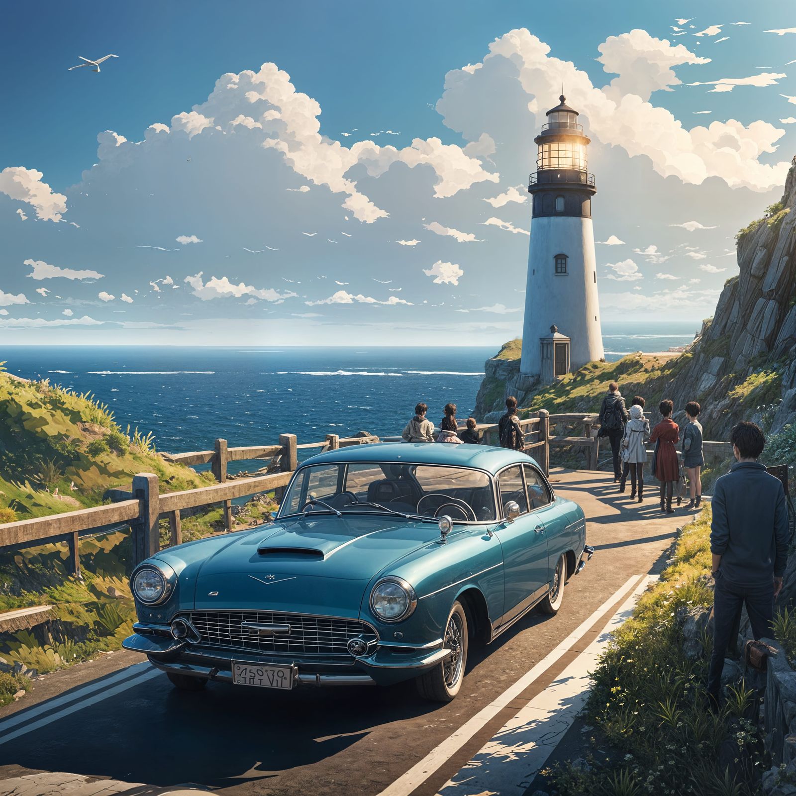 Coastal Road Trip in Anime Art Style