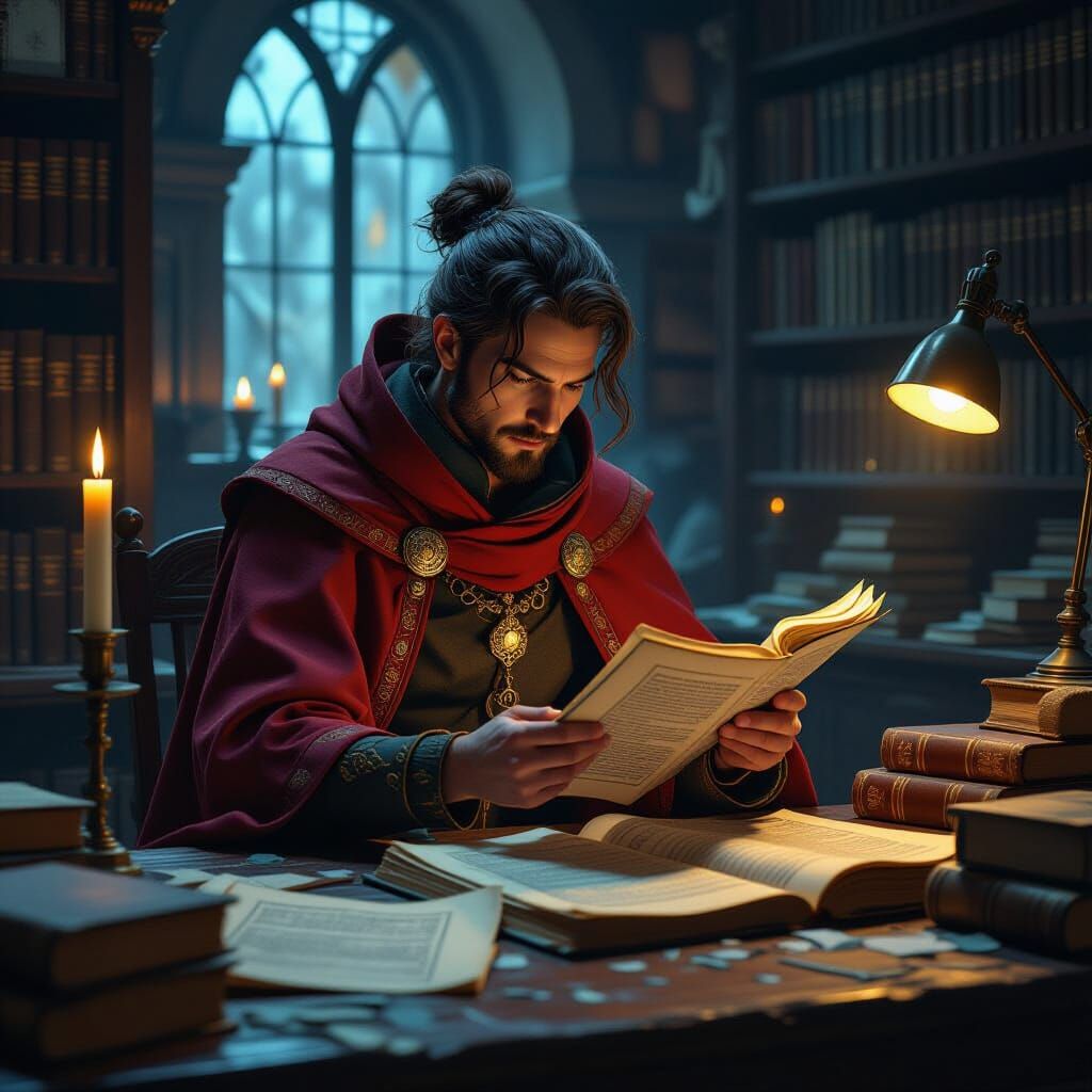 Red Archivist Organizes Ancient Scrolls, in Industrial Style