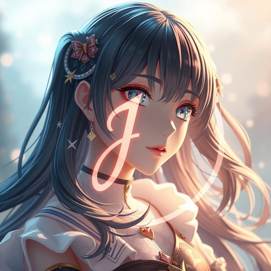 Cursive 'J' with Pisces Symbol in Anime Style