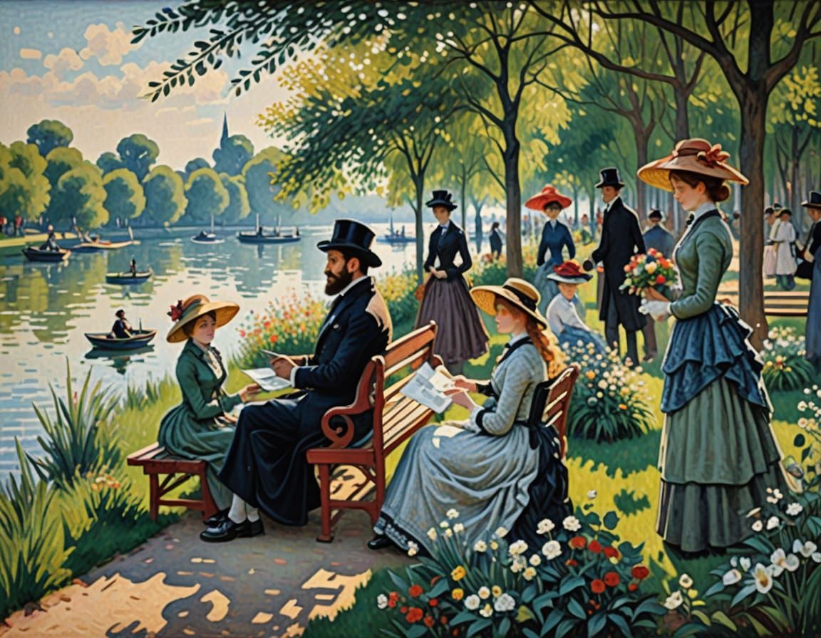 Elegantly Dressed Parisians in Seurat-Inspired Park Scene