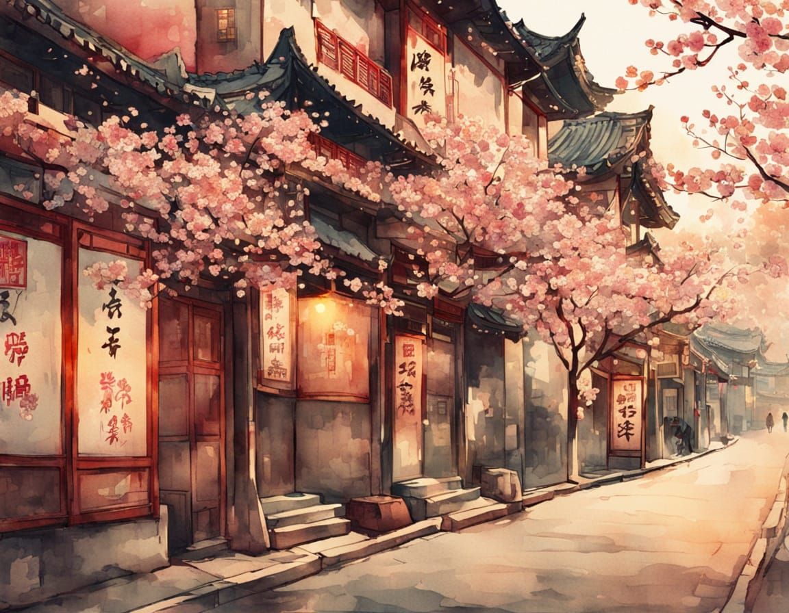 Vintage Chinatown Postcard in Watercolor Style