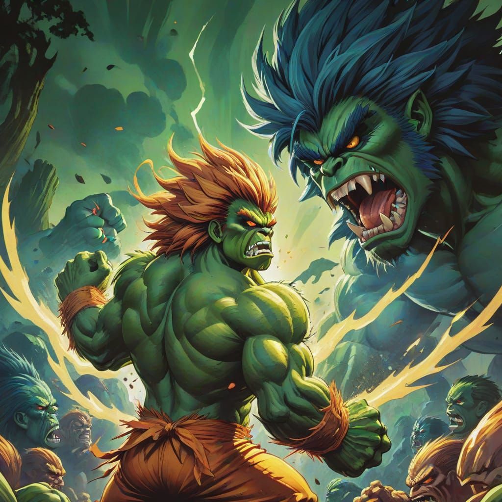 Blanka Mid-Fight Scene in Comic Book Gouache Style