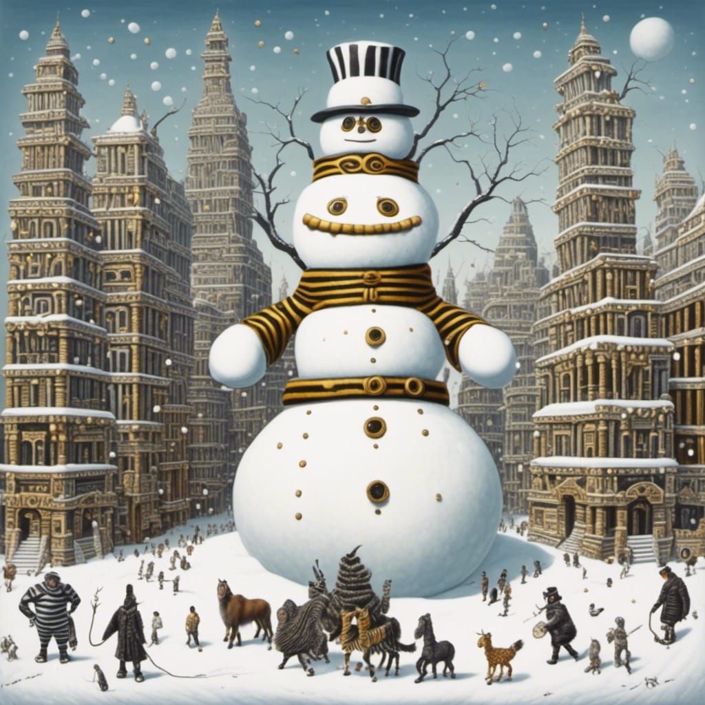 Golden Aztec City Guarded by Snowman in Steampunk Style