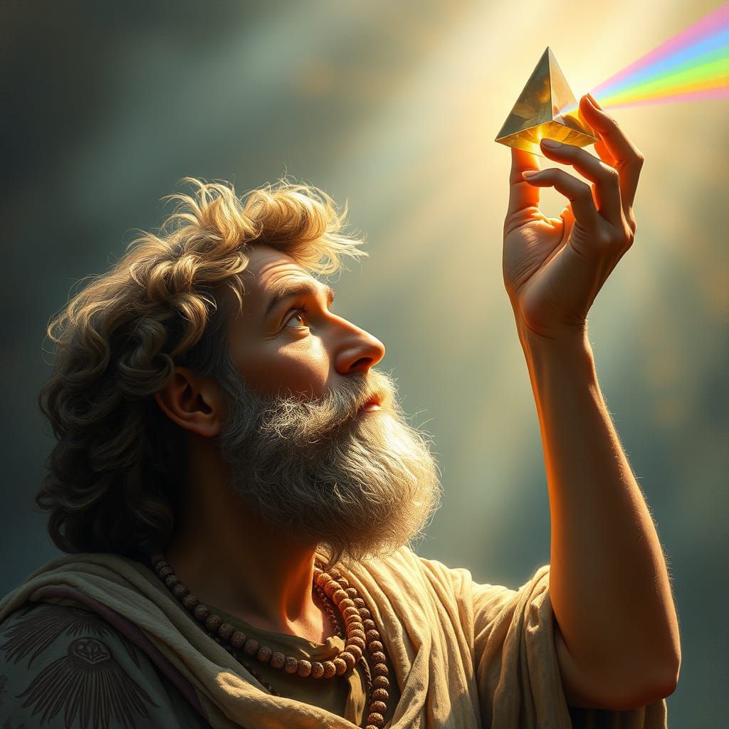Philosopher Contemplates Prism in Dreamlike Lighting