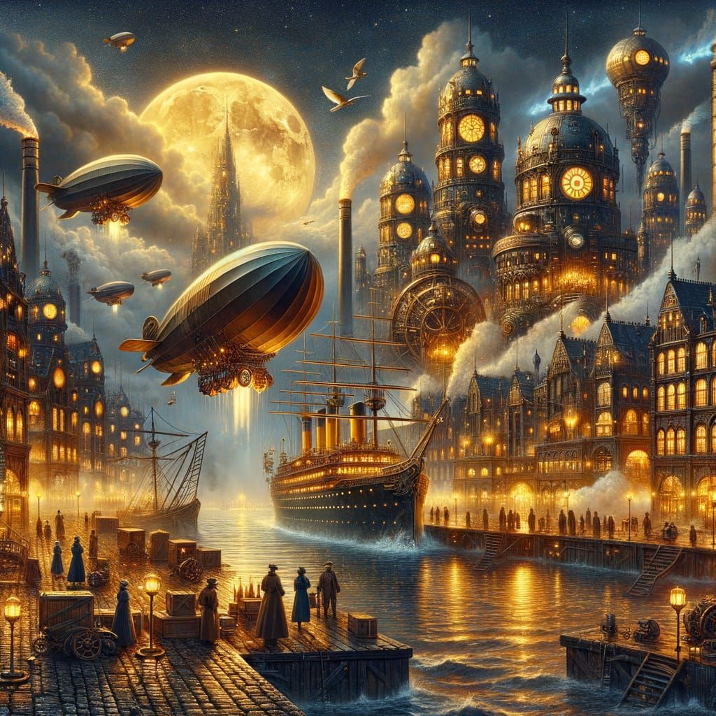 "Widescreen cinematic painting of a massive steampunk harbor...