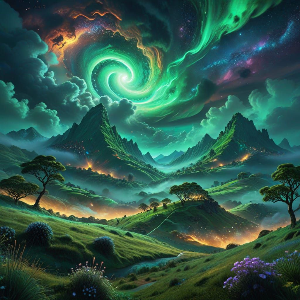 Surreal Shire Landscape with Cosmic Clouds