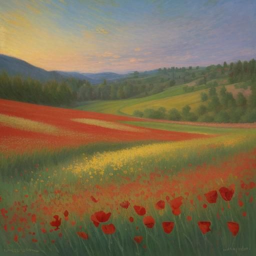 Poppy Field Landscape in Impressionist Style