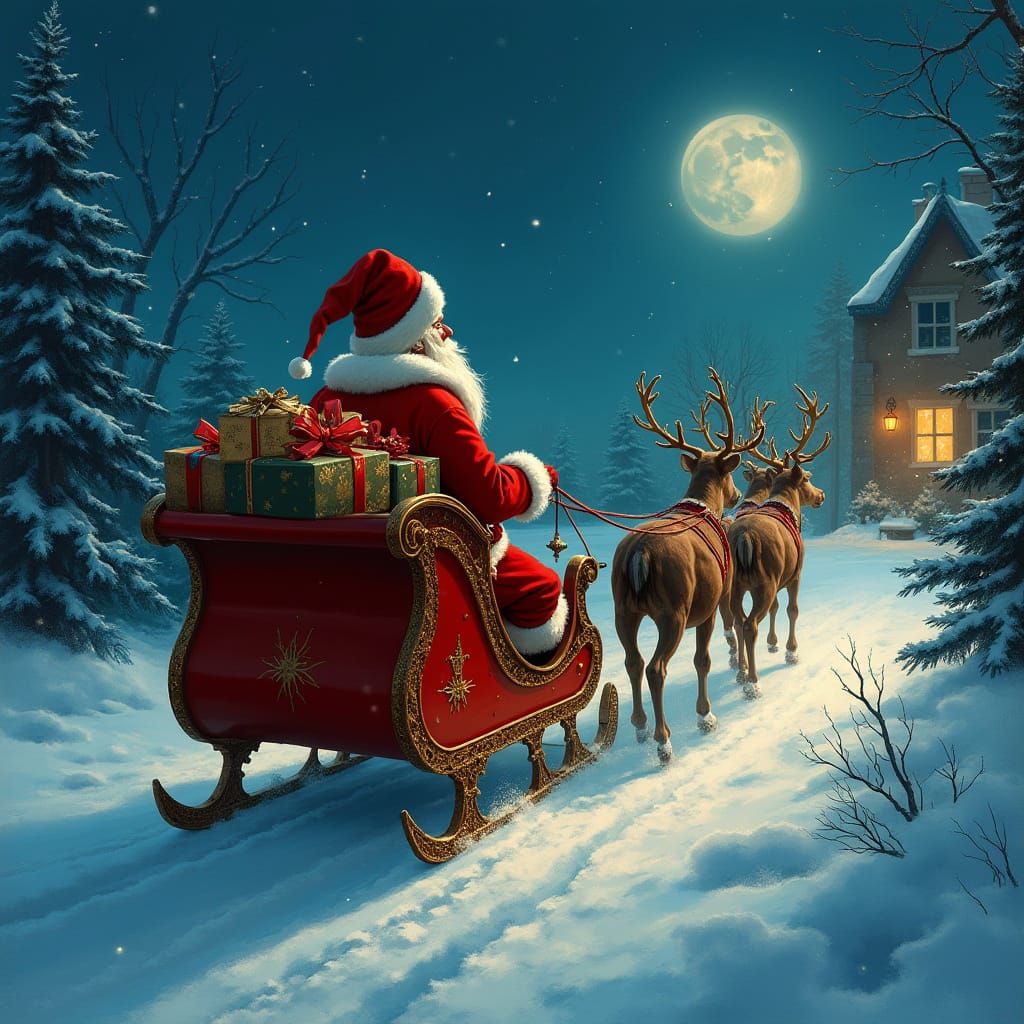 Santa Claus Sleigh Ride Through Snowy Christmas Landscape