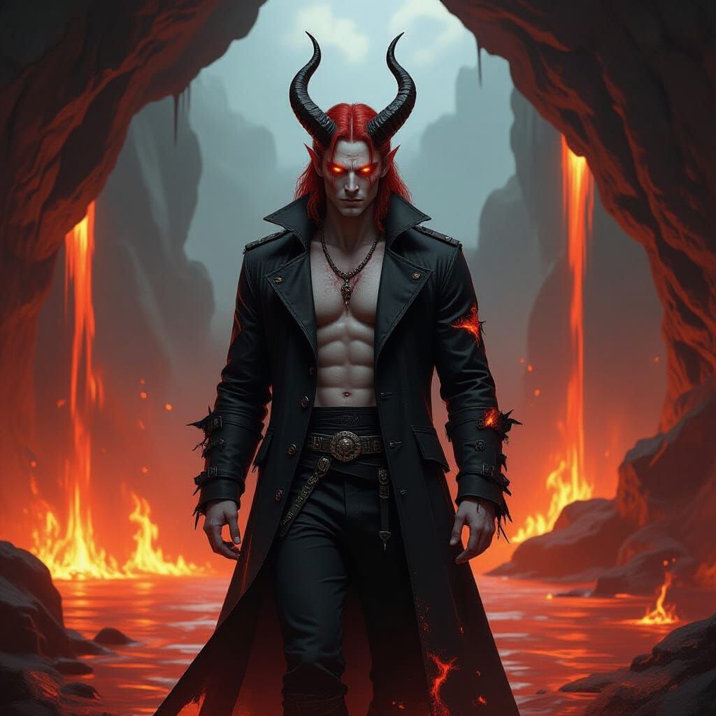 Male Demon with Fiery Eyes in Hellscape