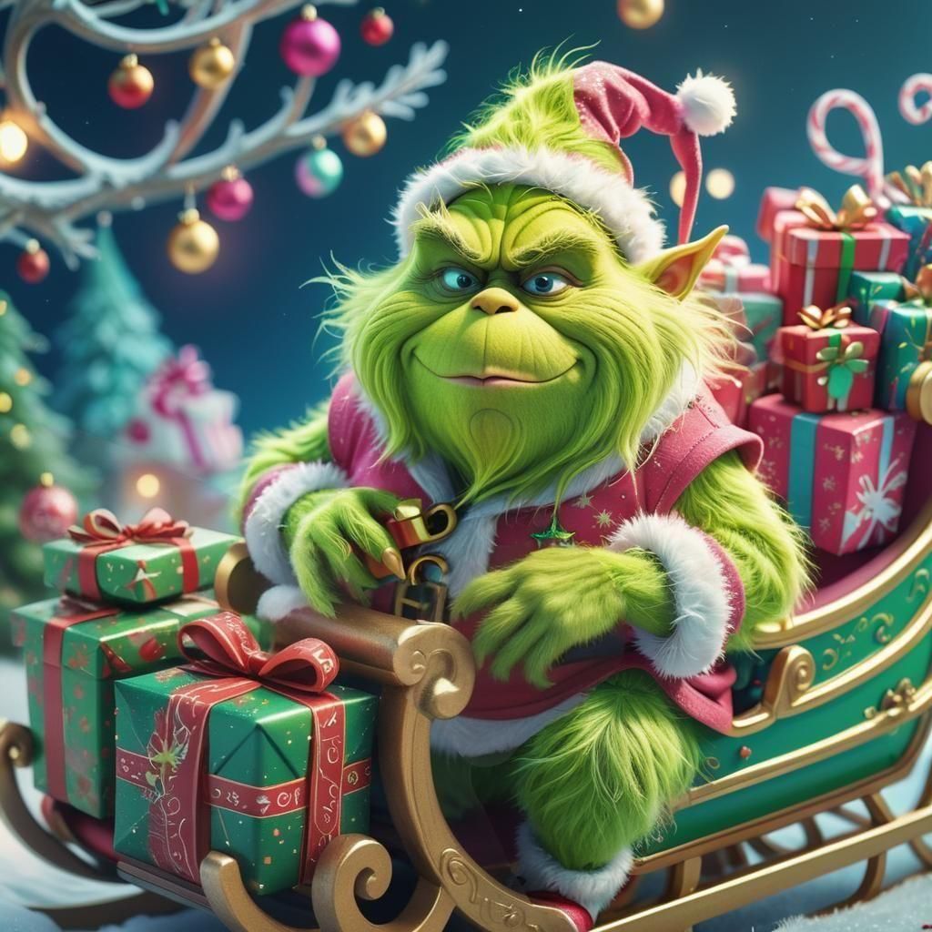 Chibi Grinch in Santa Outfit, Digital Art