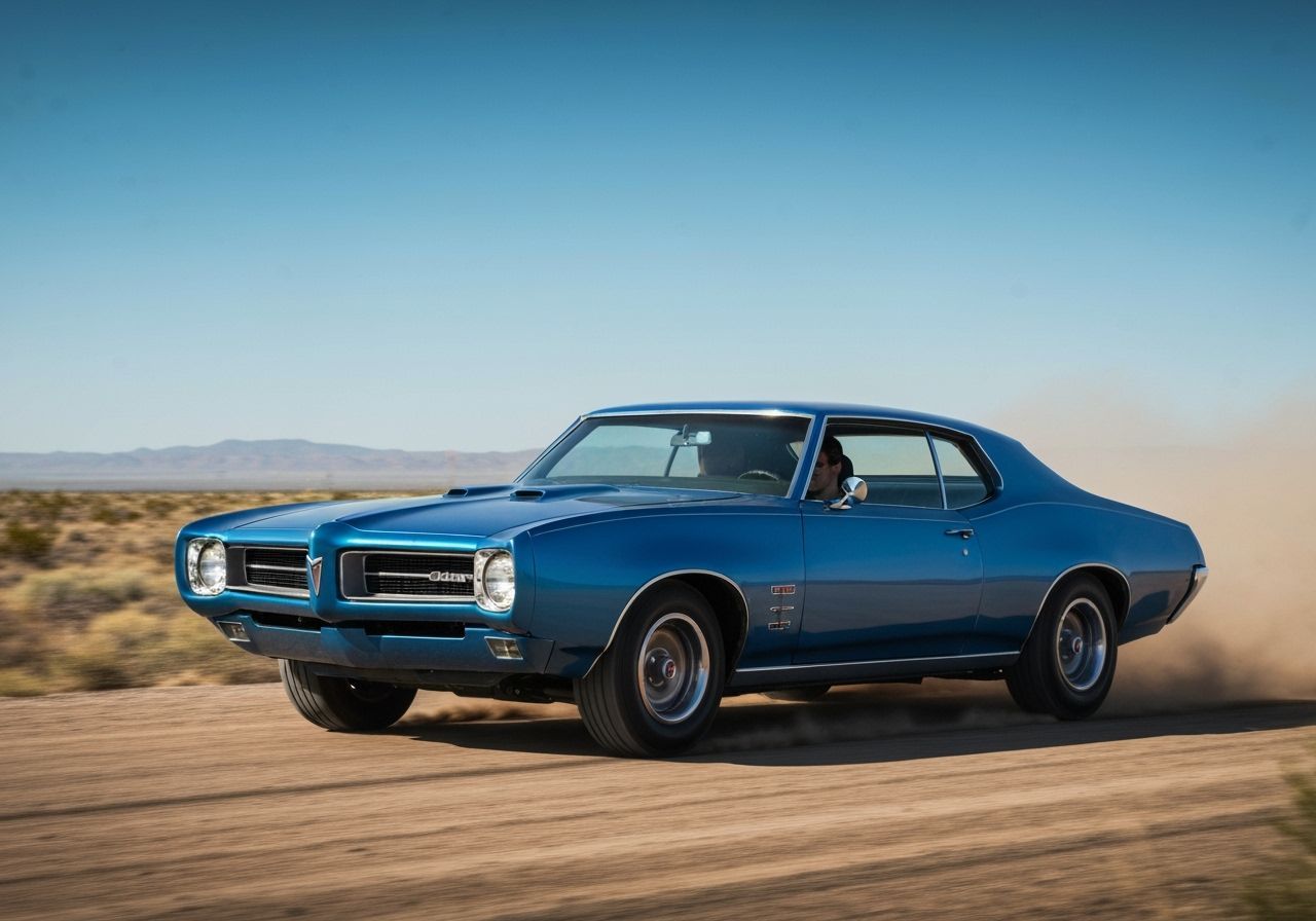 Classic Blue Pontiac GTO Speeds Down Desert Road
