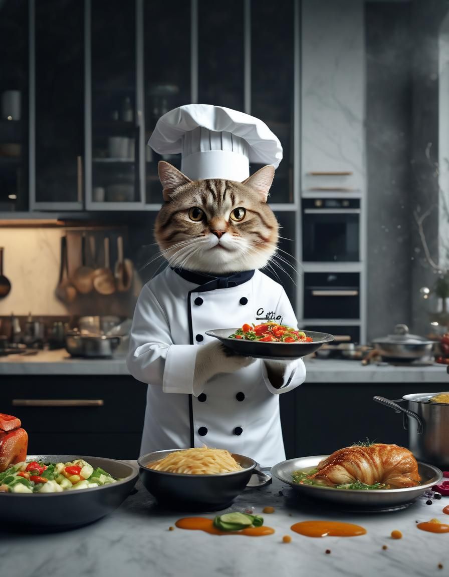 Cat Chef Cooking Dinner in Modern Kitchen