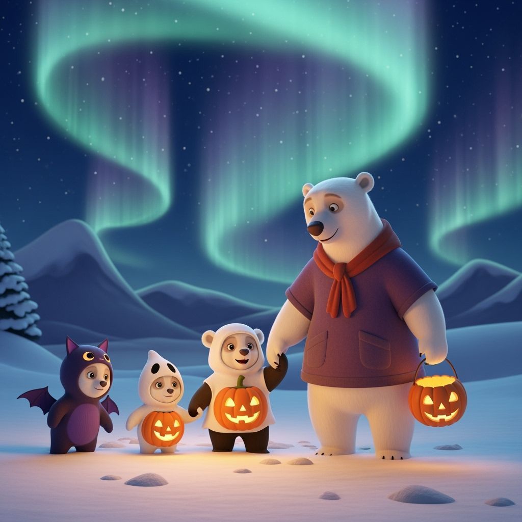 Polar Bear Family Trick-or-Treating Under Aurora Lights