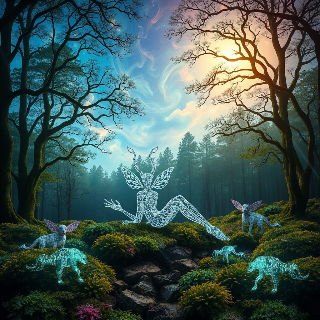 Ethereal Filigree Being in Stained Glass Forest