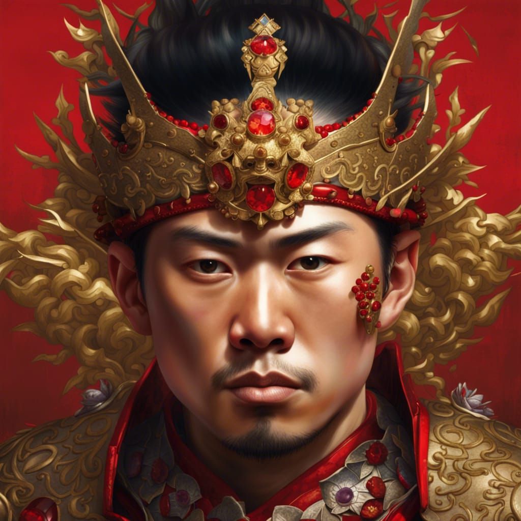 Majestic Japanese Emperor Portrait in Red Jewel Armor