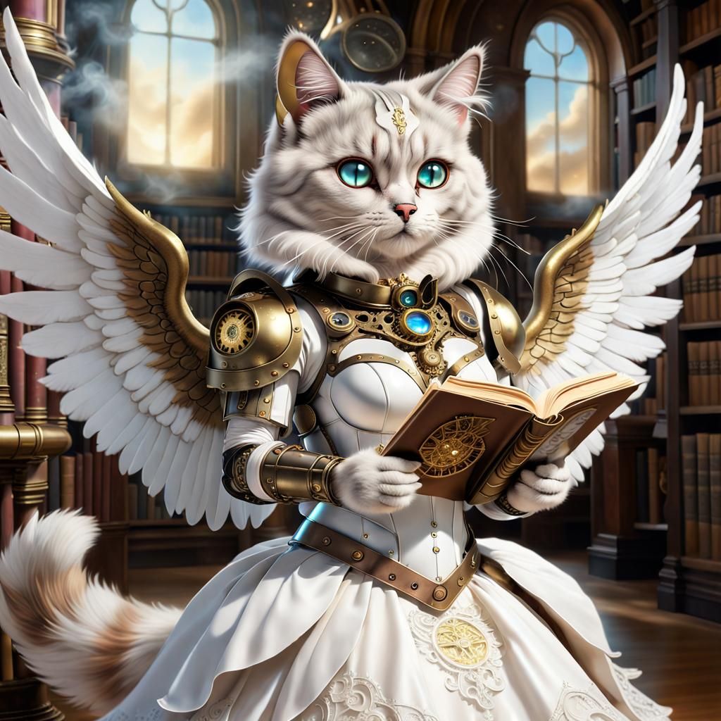 Steampunk Cat Angel Reading in Heavenly Library