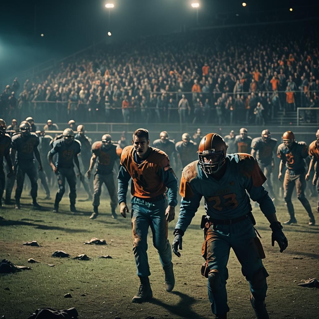 Football Player Versus Zombies in Cinematic Horror Scene