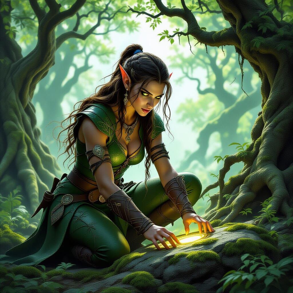Elf Warrior Examines Glowing Ring in Dark Fantasy Art