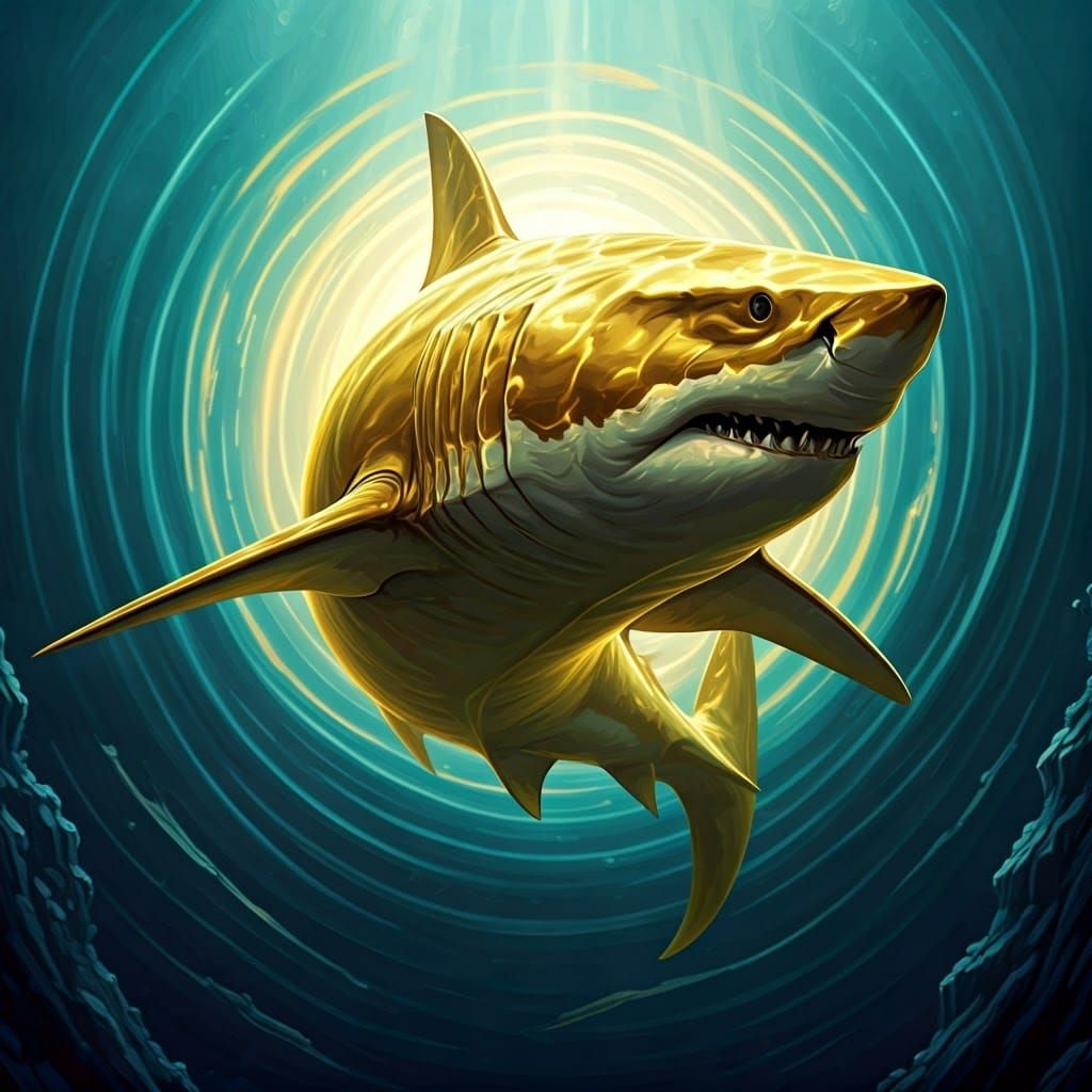 Golden Megalodon Leaps from Turquoise Depths