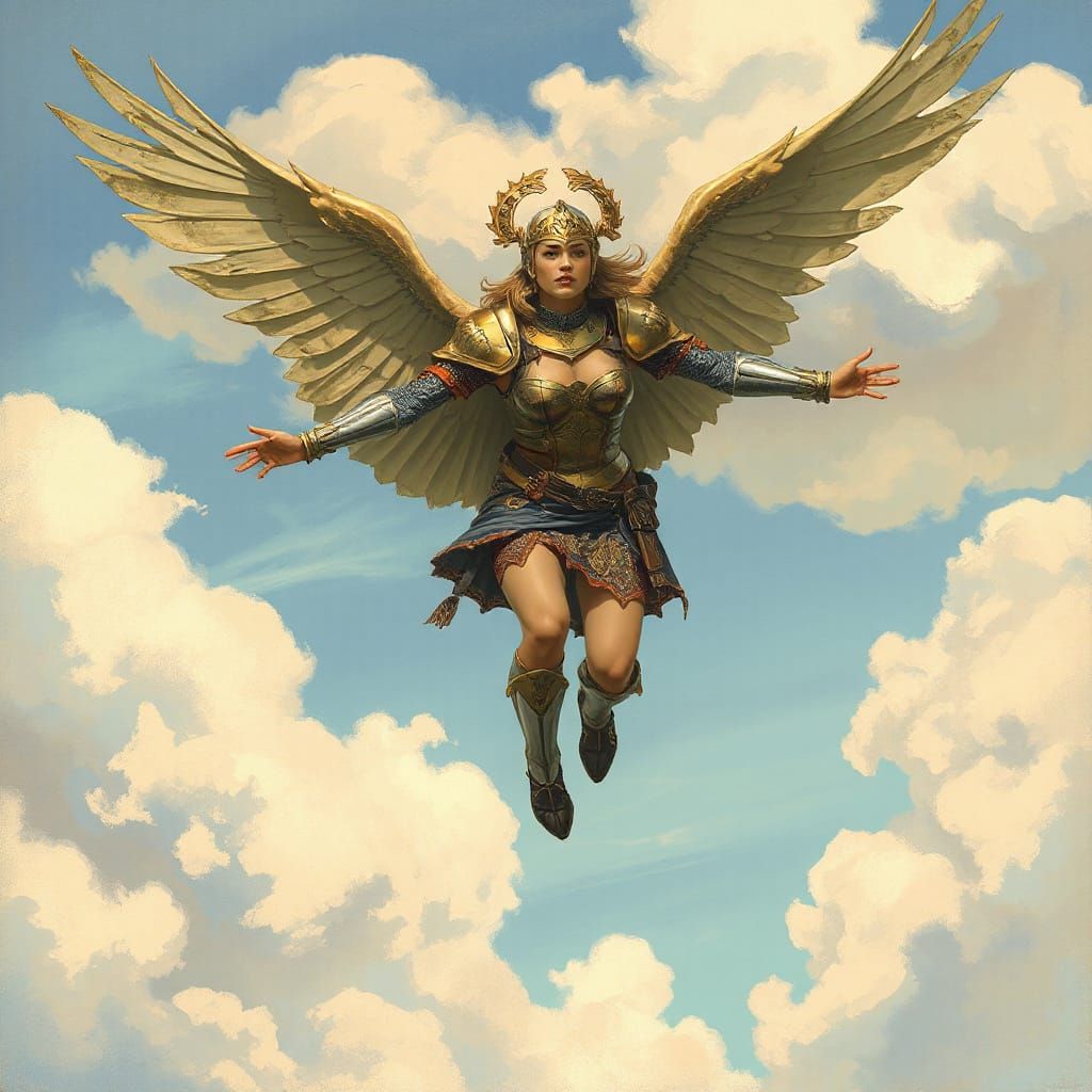 Valkyrie in Ornate Armor Soaring Through Serene Sky
