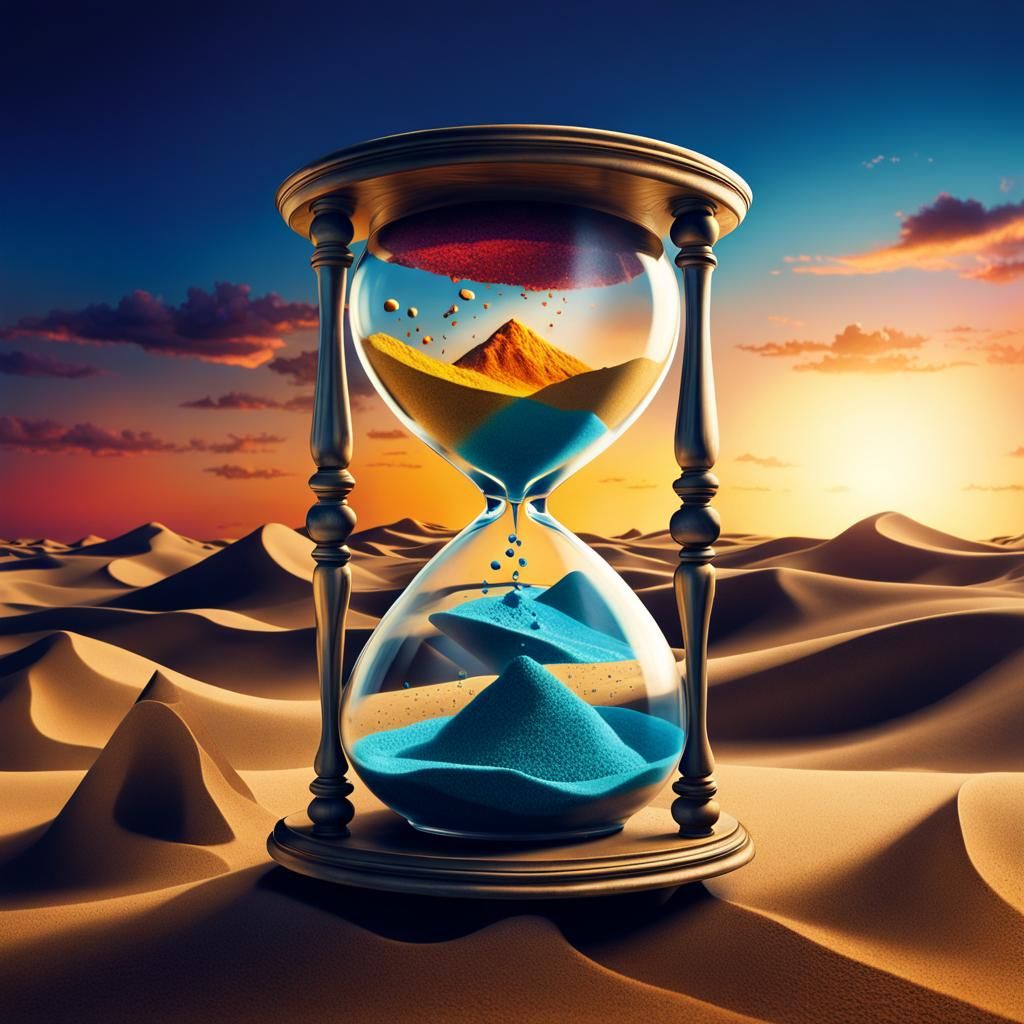 Surreal Hourglass with Vibrant Sand in Dreamlike Colors