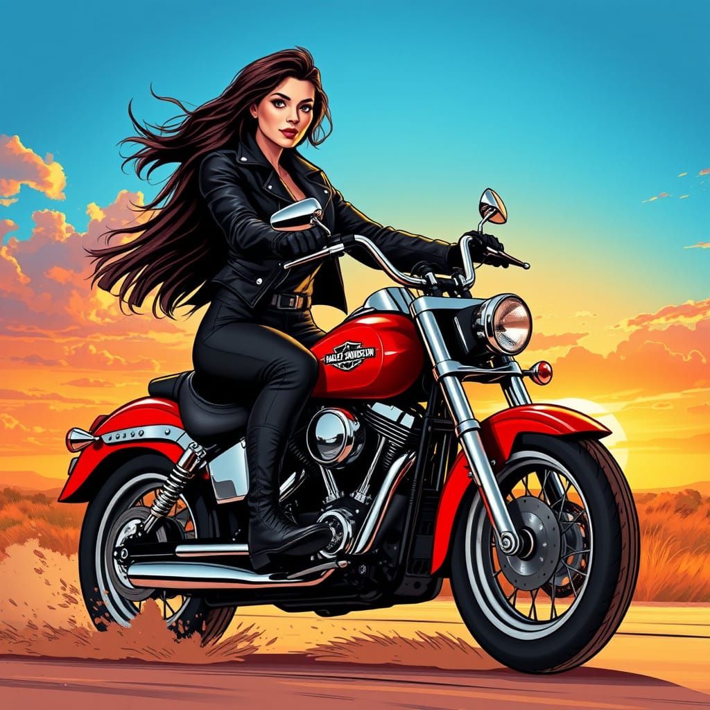 Woman Rides Red Harley-Davidson into Sunset