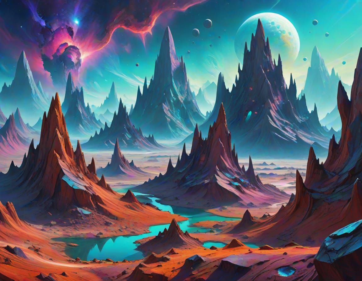 Surreal Alien Landscape with Crystalline Peaks