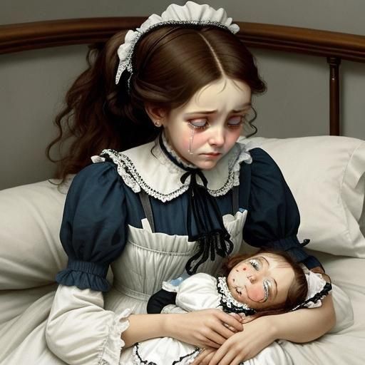 Distressed Victorian Maid Comforting Sick Child