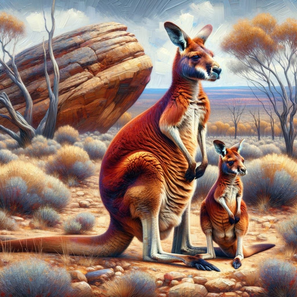 Red Kangaroo Mother and Joey in Outback, Impasto Oil