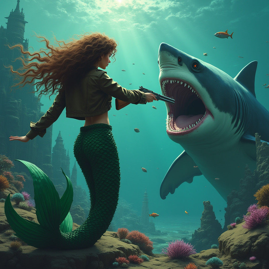 Mermaid with Shotgun Confronts Shark in Underwater City